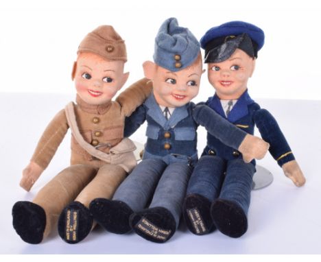 Three Norah Welling’s Armed forces cloth dolls, English 1930’s, in Royal Navy, Royal Airforce and Army uniforms, all with pai