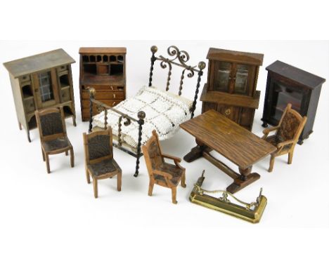 Late Victorian wooden Dolls House furniture, including a cabinet top section with double glazed open doors, shaped pediment, 