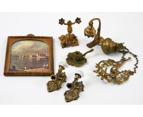 Gilt metal Dolls House lighting, 1880s, including a pair of wall sconces with scroll shaped backs single stems, each with sin