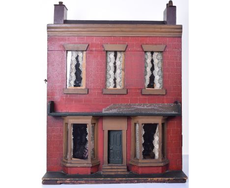 A painted wooden English Dolls House, late 19th century, painted red brick effect façade, twin glazed bay windows to ground f