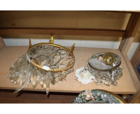 TWO CIRCULAR CEILING LIGHT FITTINGS WITH GLASS PRISMATIC DROPS