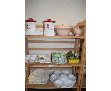 VARIOUS KITCHEN STORAGE JARS, SERVING DISHES, SMALL SYLVAC PLANTER, CREAM GLAZED PLATE ETC (3 SHELVES)
