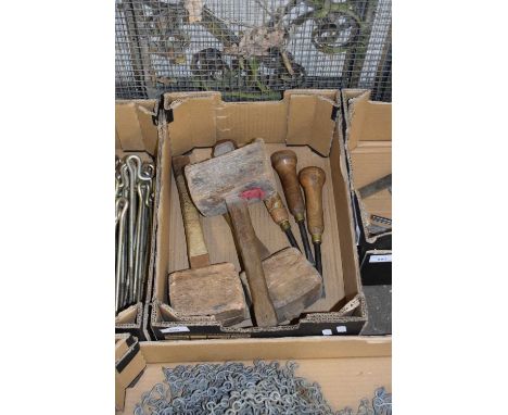 BOX OF VARIOUS WOODEN MALLETS AND OTHER TOOLS