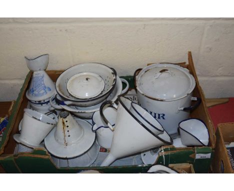 ONE BOX WHITE AND BLUE ENAMEL WARES TO INCLUDE A FLOUR BIN, COLANDERS, VINTAGE INHALER ETC