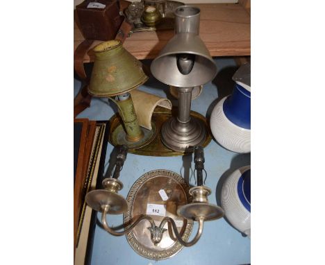 SILVER PLATED TWO LIGHT WALL SCONCE TOGETHER WITH VINTAGE METAL CANDLESTANDS AND A BRASS TRAY