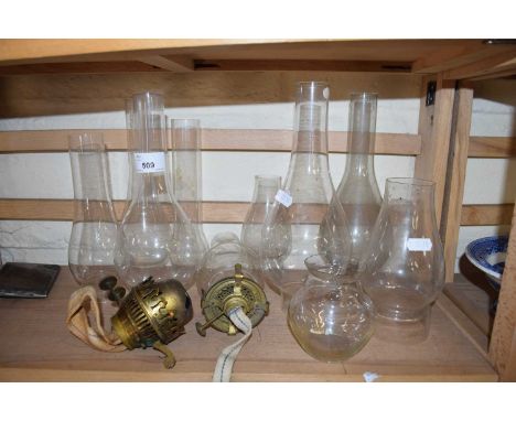 COLLECTION OF OIL LAMP CHIMNEYS AND FITTINGS