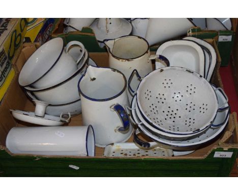 ONE BOX VARIOUS WHITE AND BLUE ENAMEL KITCHEN WARES AND OTHER ITEMS