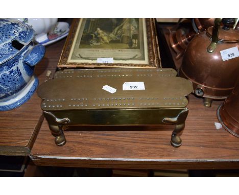 BRASS CRIBBAGE BOARD WITH HINGED LID AND RAISED ON SHORT LEGS