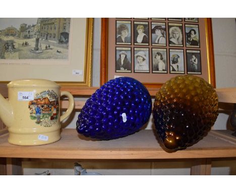 TWO GLASS LIGHT SHADES FORMED AS BUNCHES OF GRAPES TOGETHER WITH A FURTHER FRENCH POTTERY JUG