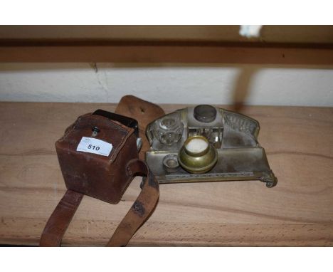 SMALL KODAK CAMERA AND A PRESSED BRASS DESK STAND