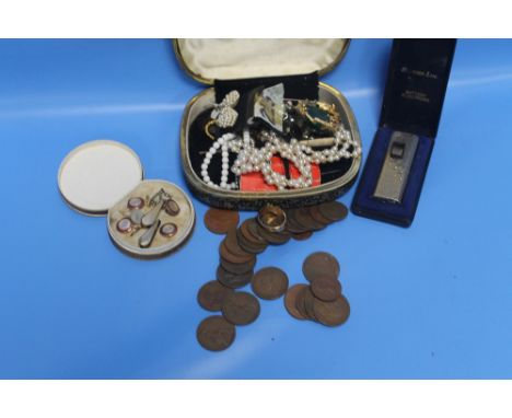 A COLLECTION OF ASSORTED COSTUME JEWELLERY, COINS AND A BOXED LIGHTER