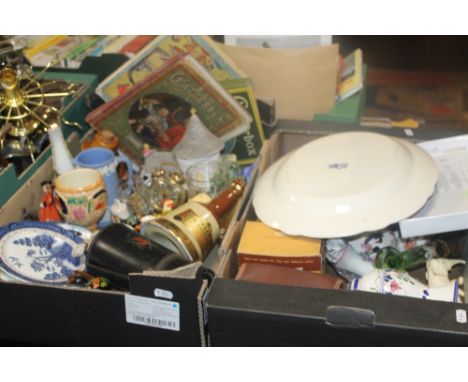 TWO TRAYS OF CHINA AND COLLECTABLES TO INCLUDE BELL'S WHISKY DECANTER, WADE, WEDGWOOD ETC.