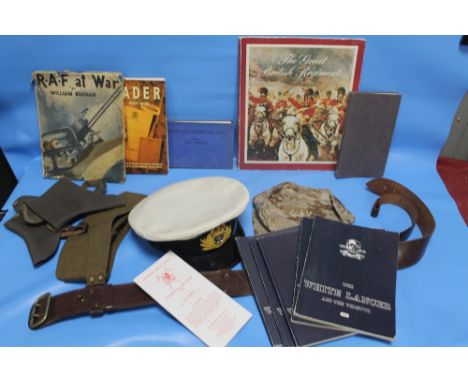 A SMALL BOX OF MILITARY COLLECTABLES TO INCLUDE SAM BROWN THAT BELONGED TO A WWII CAPTAIN IN THE BRITISH ARMY IN INDIA