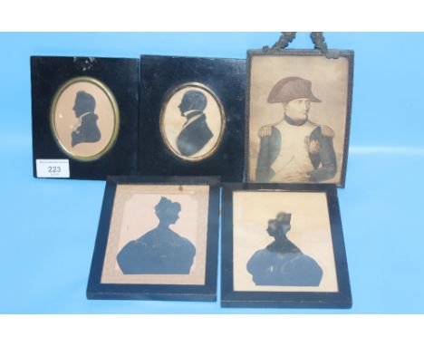 FOUR FRAMED SILHOUETTES TOGETHER WITH A FRAMED PRINT OF NAPOLEON