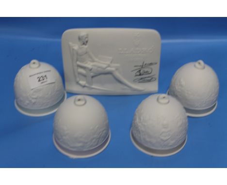 FOUR LLADRO CERAMIC BELLS TOGETHER WITH A LLADRO PLAQUE