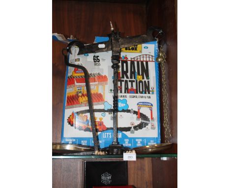A SET OF BALANCE SCALES TOGETHER WITH A CHILD'S TRAIN SET A/F