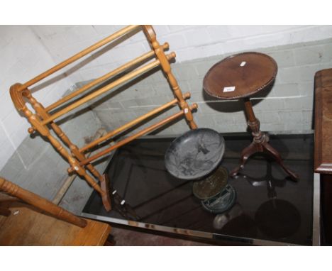 A LARGE GLASS TOPPED COFFEE TABLE, A SET OF SCALES, TOWEL RAIL AND A COFFEE TABLE