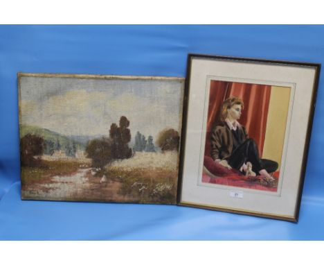 A MOUNTED OIL ON CANVAS DEPICTING A COUNTRYSIDE SCENE SIGNED BIERFI B TOGETHER WITH A FRAMED AND GLAZED PRINT