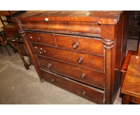 A VICTORIAN MAHOGANY  CHEST OF DRAWERS HAVING A RECTANGULAR TOP ABOVE A CUSHION FRIEZE DRAWER OVER TWO SHORT AND THREE LONG G