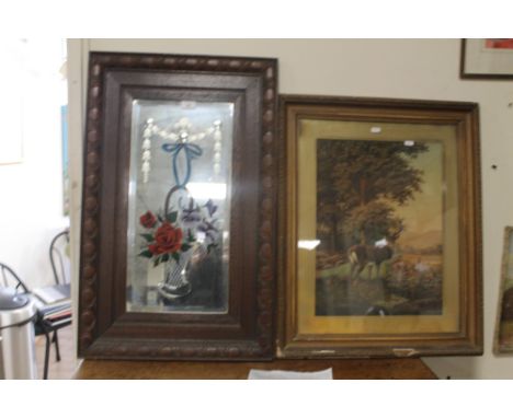 A FRAMED AND GLAZED PRINT OF A STAG TOGETHER WITH AN OAK FRAMED PAINTED MIRROR  (2)