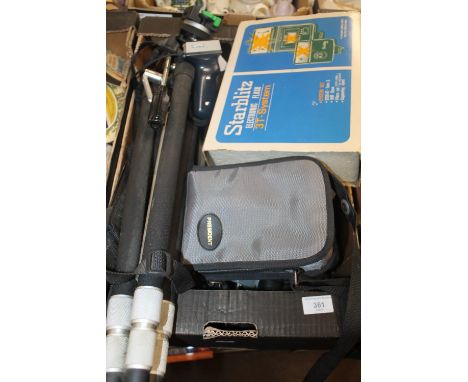 A MANFROTTO 679B PROFESSIONAL MONOPOD, VARIOUS TRIPODS, TRIPOD HEADS ETC, together with a boxed Canon 430EZ Speedlite, cased 