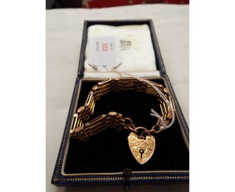 A Victorian 9ct rose gold four bar gate bracelet with engraved heart padlock clasp  Approx 25.5g