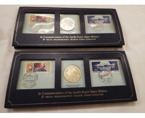 Two sterling silver proof coins plus two stamps in commemoration of the Apollo Soyuz Space mission with paperwork 