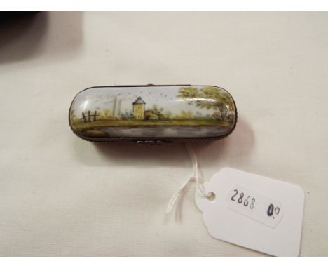 A possibly French porcelain and gilt snuff box or patch box with pictorial rural scene decoration having oak leaf clasp 