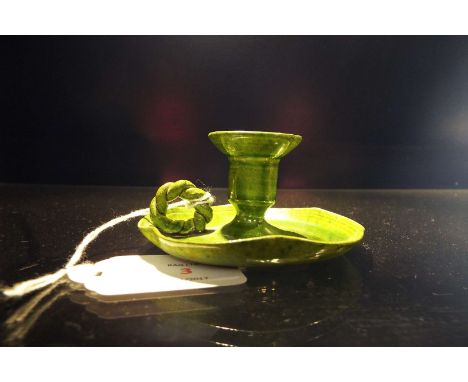 A 1910-20 Rye pottery green glazed chamber-stick having rope twist handle fluted rim , having pin dust mark to base and signe