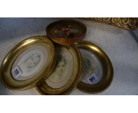 Three gilt framed and glazed miniature portrait prints together with a framed and glazed floral picture by La Nive.