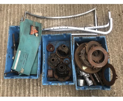 A quantity of Riley 12/4 engine parts including inlet manifold, Riley 12/4 rocker shaft supports, second type flywheel, oil p