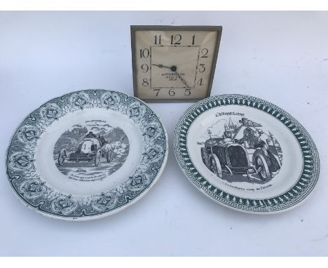 Two 1930s French ceramic plates of a motoring theme, one showing a motorist taking a stirup cup and the other an early racing