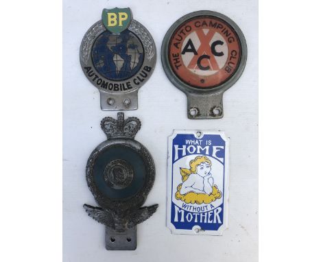 Four car badges including a BP Automobile Club and The Auto Camping Club. 