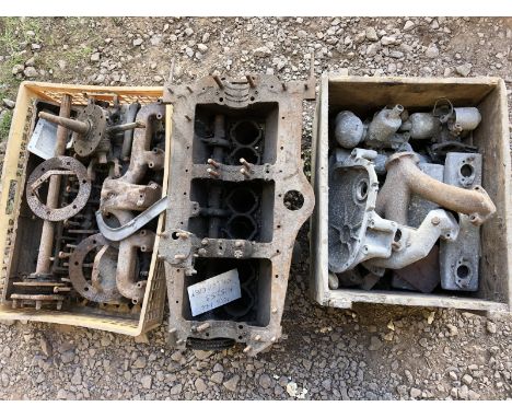 A collection of Alvis Speed model engine parts etc. to include a crankcase, rocker covers, carburettors etc.