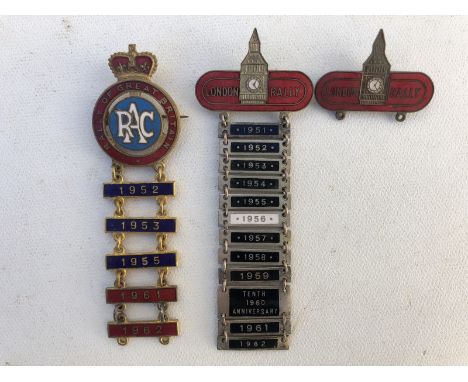 An RAC Rally of Great Britain enamel badge with five enamel year bars between 1952 and 1962, also two London Rally enamel bad