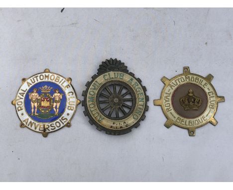 Three Royal Automobile Club badges for Belgium, Argentina and Anversois. 