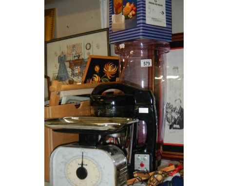 A mixed lot of kitchen items including scales.
