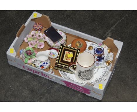 Box of decorative plates, playing card box, paperweights etc