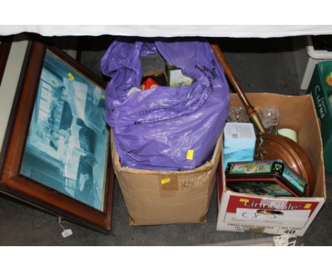 Pictures, vintage tins, bed warmer, decanters etc