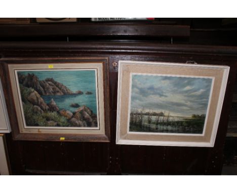 Two original oil paintings, one a river scene by W.H. Figgures (1962) the other a seascape, unsigned