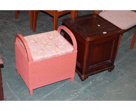 A Victorian paneled mahogany commode, 53 cm high, retaining white ceramic liner, together with a woven fibre stool with lifti