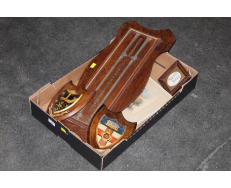 Snooker scoreboard, two armorial plaques, portrait miniature etc