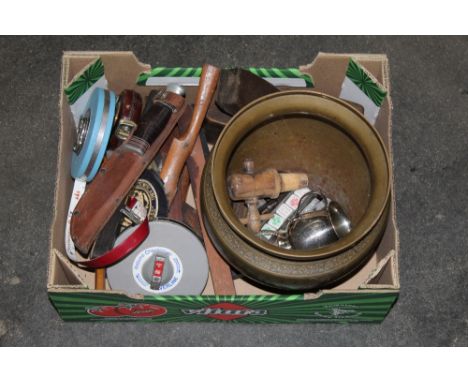Brass jardiniere, vintage plane, spoke shaves, tape measures etc