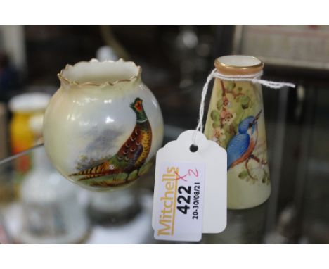 Worcester vases, one with a hand painted pheasant by C Morris &amp; the other a Kingfisher, unsigned  
