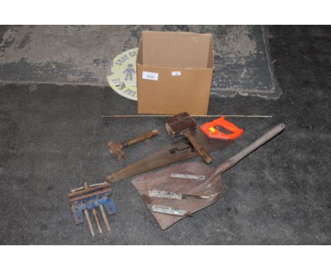 Box of hand tools, coal shovel, saw, vice etc