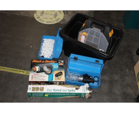 Box of hand tools, inspection lamp, hot air gun, soil spike etc