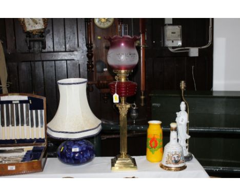 Brass column oil lamp with red glass reservoir, shade and chimney 
