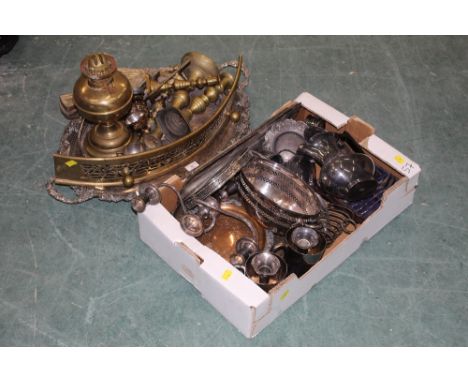 Box and a tray of plated ware and brassware, galleried tray, oil lamp, bud vases, cutlery etc  