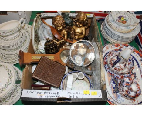Box of coins, cherub ornaments, barometer, vintage dressing table tray, ornaments etc  