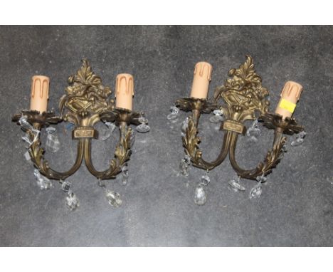 Pair of gilt metal two branch wall light fittings with glass droppers 